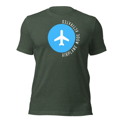 Airplane Mode Activated T-Shirt – Focus. Hustle. Elevate. featuring blue airplane graphic on green fabric.