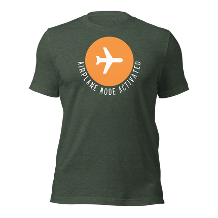 Airplane Mode Activated T-Shirt – In Vacay Mode, featuring an airplane logo and a bold design on a green tee.
