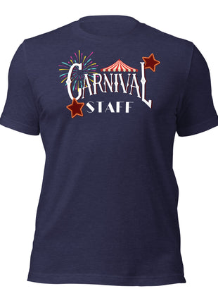 Navy blue T-shirt featuring 'CARNIVAL STAFF' with colorful graphics for event crew apparel.