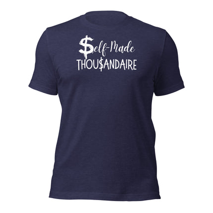 Self-Made Thousandaire T-Shirt | Entrepreneurs on the Rise, navy blue t-shirt with dollar sign design.