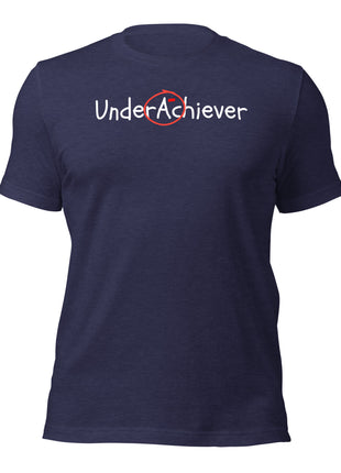 UnderAchiever T-Shirt in navy blue color, featuring ironic success message for a relaxed lifestyle.