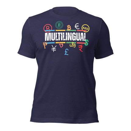 Multilingual Money T-Shirt – Speak Success in Every Language featuring global currency symbols on a navy shirt.