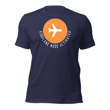 Airplane Mode Activated T-Shirt – In Vacay Mode with bold airplane graphic on navy fabric.