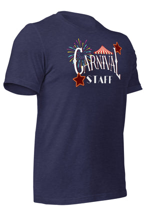 Navy blue Carnival Staff T-Shirt featuring colorful graphics, perfect for event crew and entrepreneur apparel.