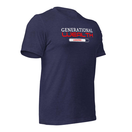 Generational Wealth Loading T-Shirt | Legacy Builders, navy blue tee showcasing a loading graphic for financial success.