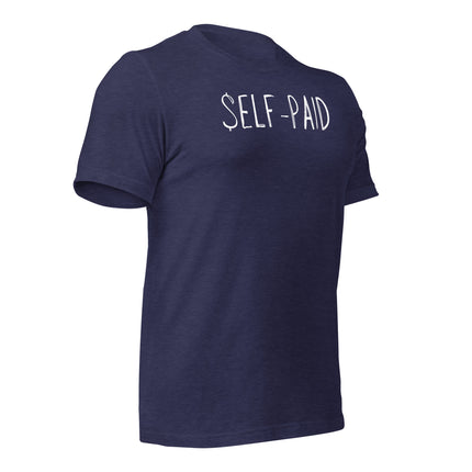 Self-Paid T-Shirt – Built by Hustle, Funded by You in navy color showcasing a stylish entrepreneurial design.