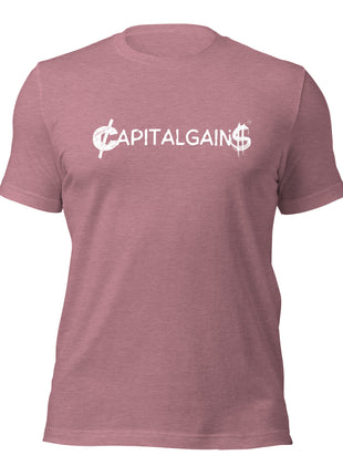 Pink Capital Gains T-shirt for entrepreneurs, featuring a stylish logo, made from 100% cotton.
