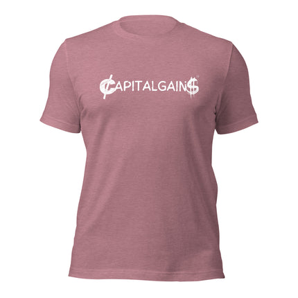 Pink Capital Gains T-shirt for entrepreneurs, featuring a stylish logo, made from 100% cotton.