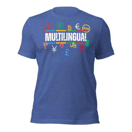 Multilingual Money T-Shirt – Speak Success in Every Language featuring currency symbols on a blue tee.