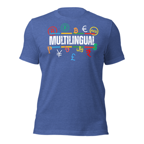 Multilingual Money T-Shirt – Speak Success in Every Language featuring currency symbols on a blue tee.