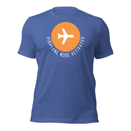 Airplane Mode Activated T-Shirt – In Vacay Mode featuring a stylish airplane graphic on a blue tee.