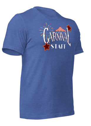 Carnival Staff Event Crew T-Shirt in blue featuring colorful graphics, perfect for entrepreneur apparel at fun events.