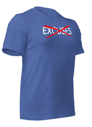 No Excuses T-Shirt in blue, motivational apparel for entrepreneurs, promotes hustle and success.