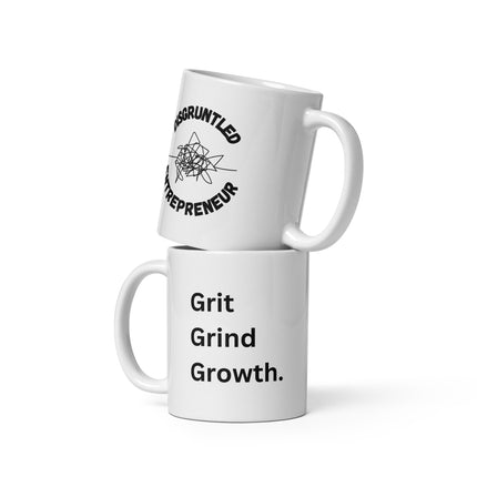Grit. Grind. Growth. Entrepreneur Coffee Mug stacked showing bold entrepreneurial messages.