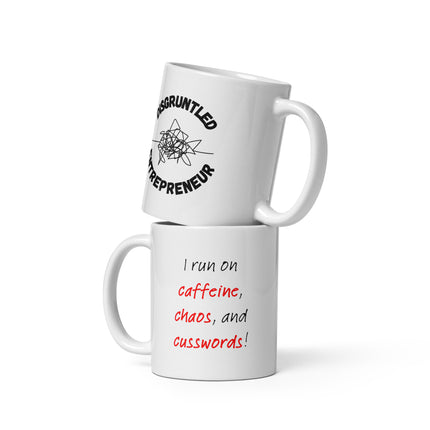 Caffeine, Chaos, & Cusswords Mug with humorous text about entrepreneurship and coffee.