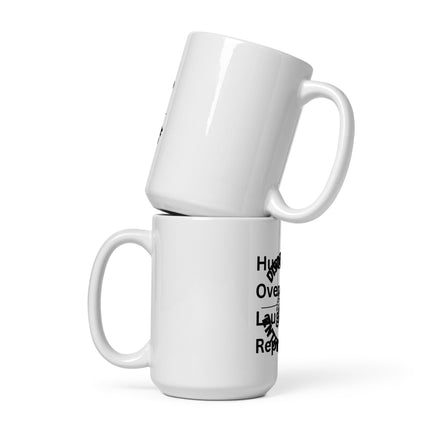 HOLR Coffee Lover's Mug for Entrepreneurs stacked mugs showcasing hustle, overcome, laugh, repeat design.