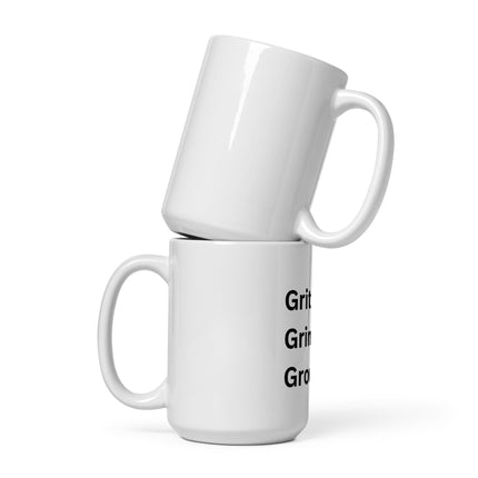 Grit. Grind. Growth. Entrepreneur Coffee Mug stacked design with bold lettering, perfect for ambitious entrepreneurs.