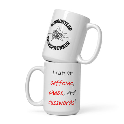 Caffeine, Chaos, & Cusswords Mug showcasing a humorous design for entrepreneurs.