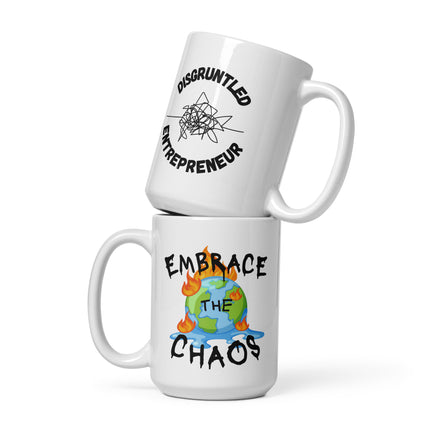 Embrace the Chaos Coffee Mug for Entrepreneurs featuring a colorful chaotic design and stylish text.