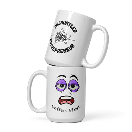 Coffee First Mug for Entrepreneurs featuring whimsical designs and text for the motivated entrepreneur's morning routine.