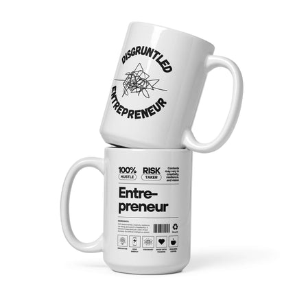 Entrepreneur Label Coffee Mug featuring designs like 'Disgruntled Entrepreneur' and 'Risk Taker'