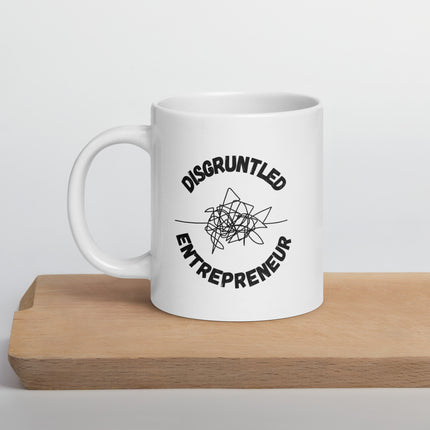 Disgruntled Entrepreneur Motivational Coffee Mug on a wooden surface, showcasing its vibrant print.