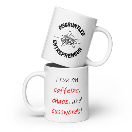 Caffeine, Chaos, & Cusswords Mug showcasing humorous designs for entrepreneurs.