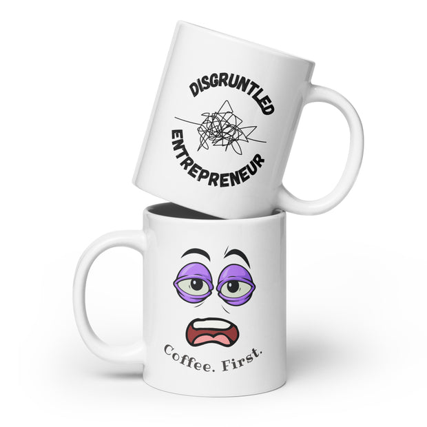 Coffee First Mug for Entrepreneurs featuring fun designs for go-getter entrepreneurs.